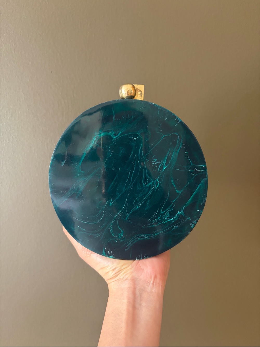 Round Teal Marble Acrylic Clutch with Gold Accent